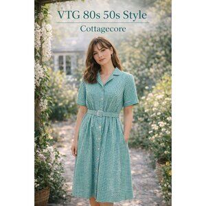 VTG 80s 50s Style California Looks Green Gingham Floral Button Dress 14P